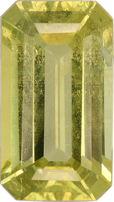 Rectangular cut chrysoberyl, 9.1 by 5.15 mm, shown at actual size