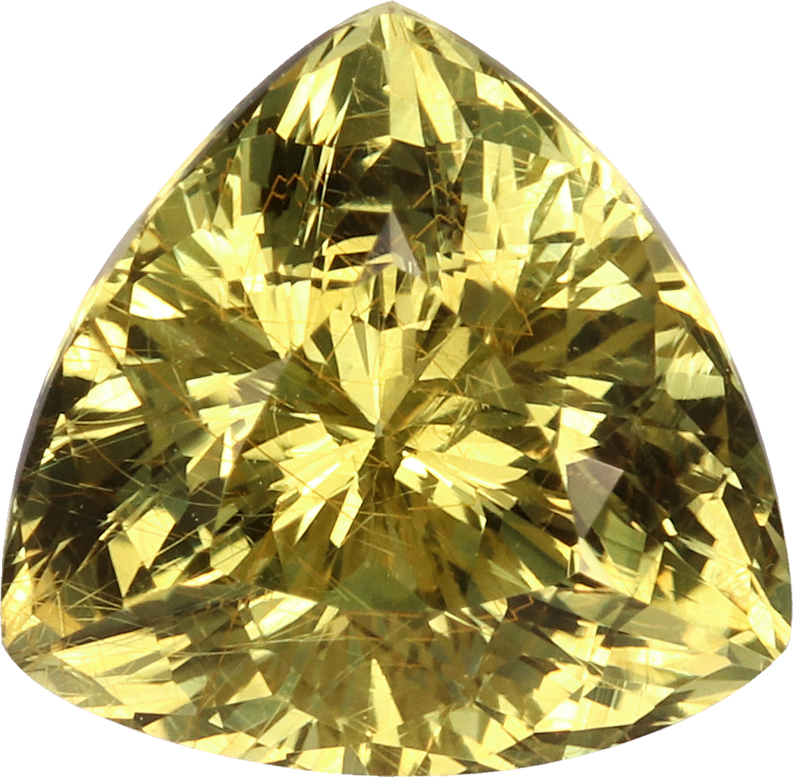 Trilliant cut chrysoberyl, 7.52 by 7.5 mm, shown at actual size