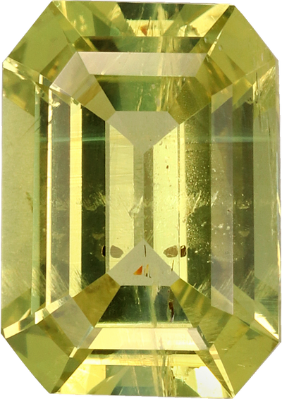 Rectangular cut chrysoberyl, 7.65 by 5.44 mm, shown at actual size