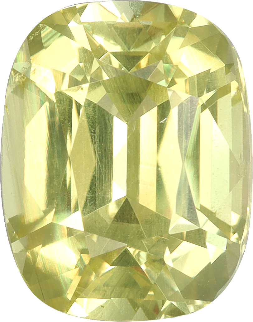 Cushion cut chrysoberyl, 11.19 by 8.73 mm, shown at actual size