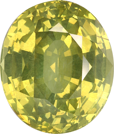 Oval cut chrysoberyl, 13.61 by 11.64 mm, shown at actual size
