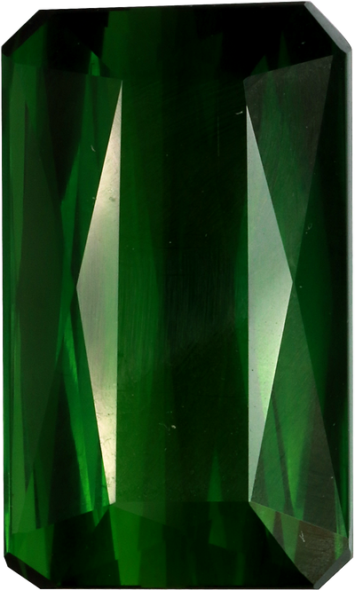 Rectangular cut chrome tourmaline, 16.4 by 9.9 mm, shown at actual size