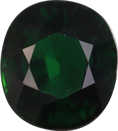 Oval cut chrome tourmaline, 8.56 by 7.75 mm, shown at actual size