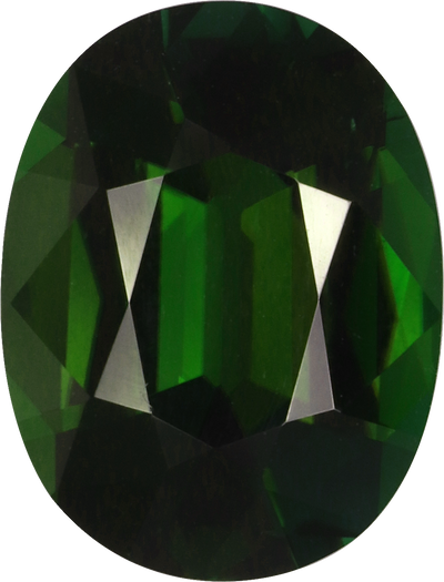 Oval cut chrome tourmaline, 12.5 by 9.47 mm, shown at actual size