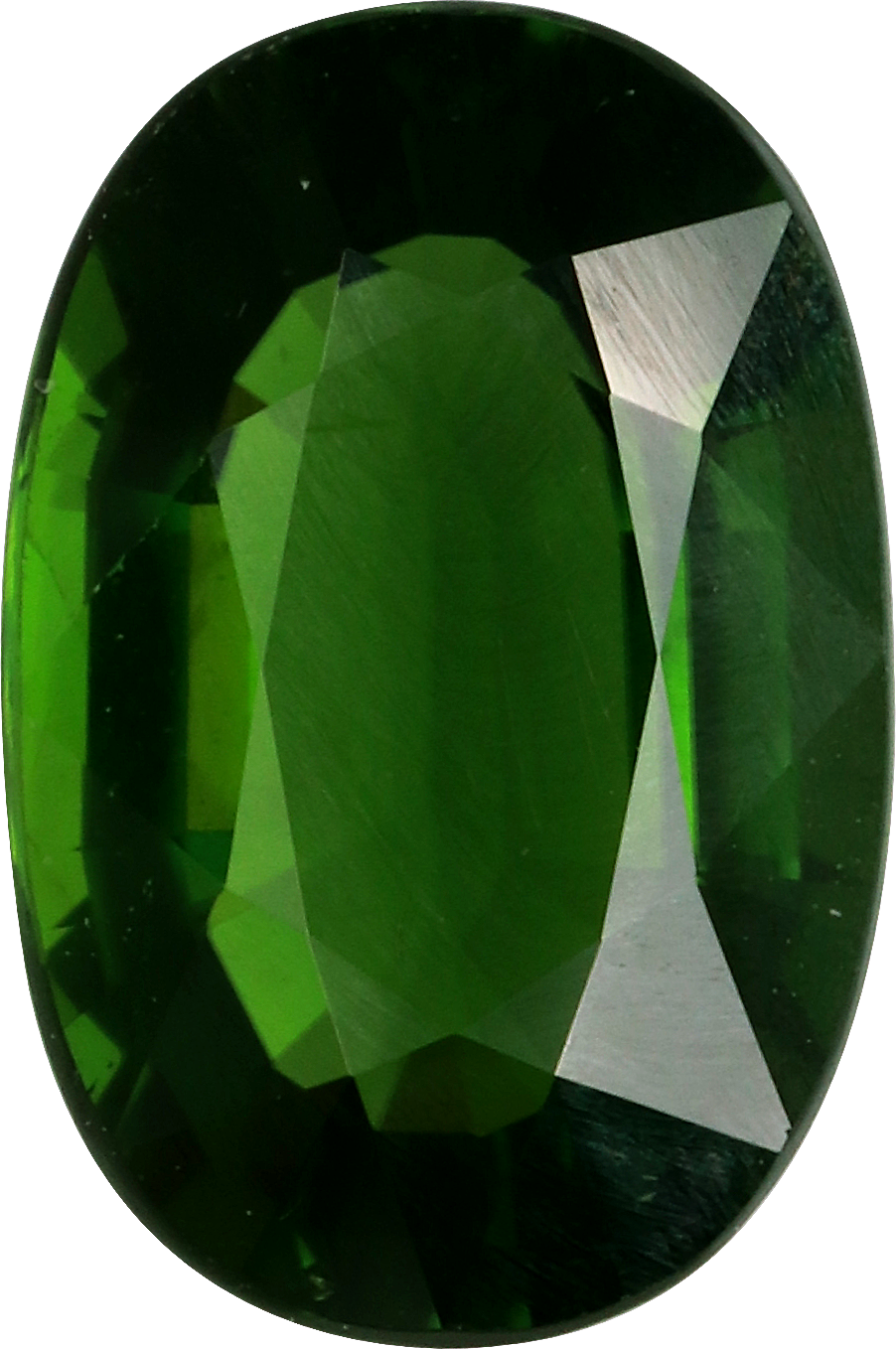 Oval cut chrome tourmaline, 9.53 by 6.29 mm, shown at actual size