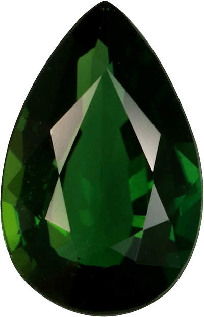 Pear cut chrome tourmaline, 10.19 by 6.6 mm, shown at actual size