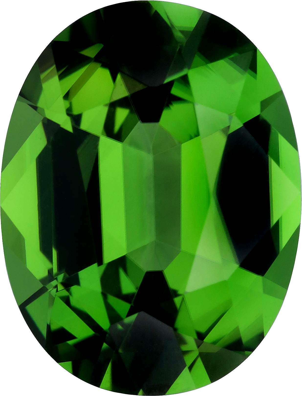 Oval cut chrome tourmaline, 14.3 by 10.93 mm, shown at actual size