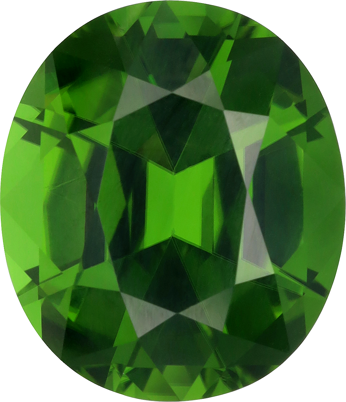 Oval cut chrome tourmaline, 14.73 by 12.64 mm, shown at actual size