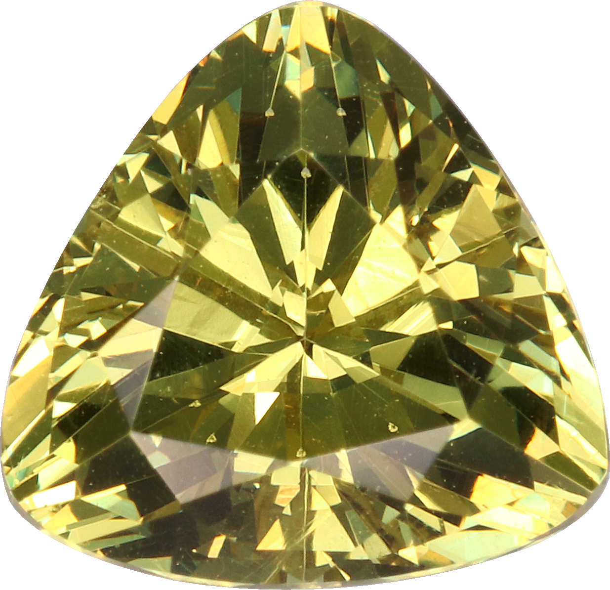Trilliant cut grossular garnet, 7.88 by 7.7 mm, shown at actual size