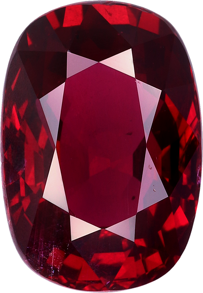 Cushion cut mozambique ruby, 11.34 by 7.83 mm, shown at actual size