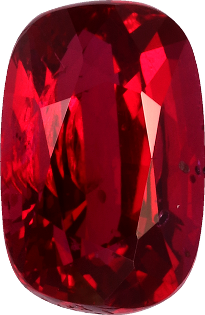 Cushion cut mozambique ruby, 6.85 by 4.49 mm, shown at actual size
