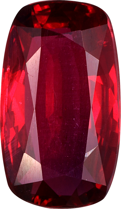 Cushion cut mozambique ruby, 11.11 by 6.41 mm, shown at actual size