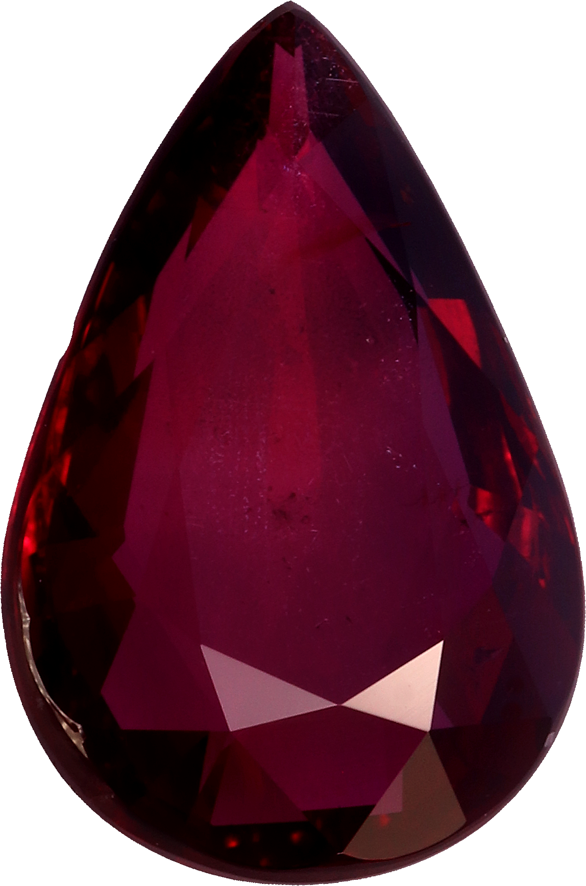 Pear cut mozambique ruby, 11.68 by 7.81 mm, shown at actual size