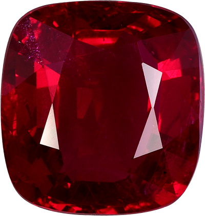 Cushion cut mozambique ruby, 9.94 by 9.34 mm, shown at actual size