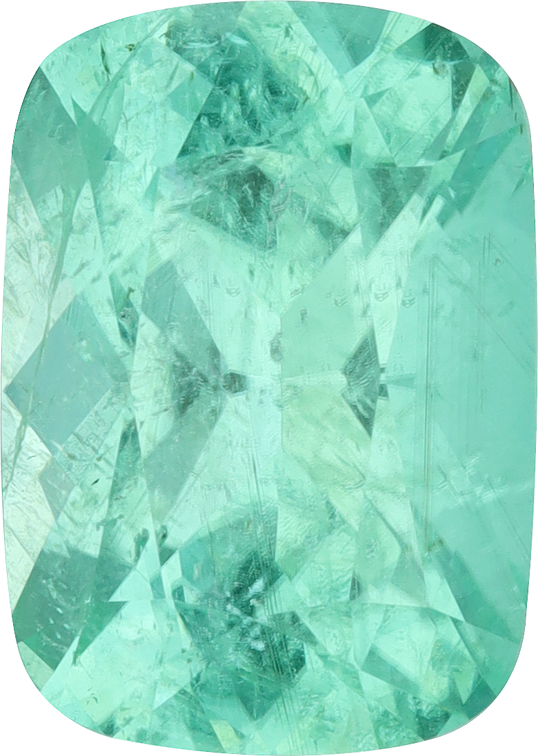 Cushion cut paraiba tourmaline, 14.91 by 10.68 mm, shown at actual size