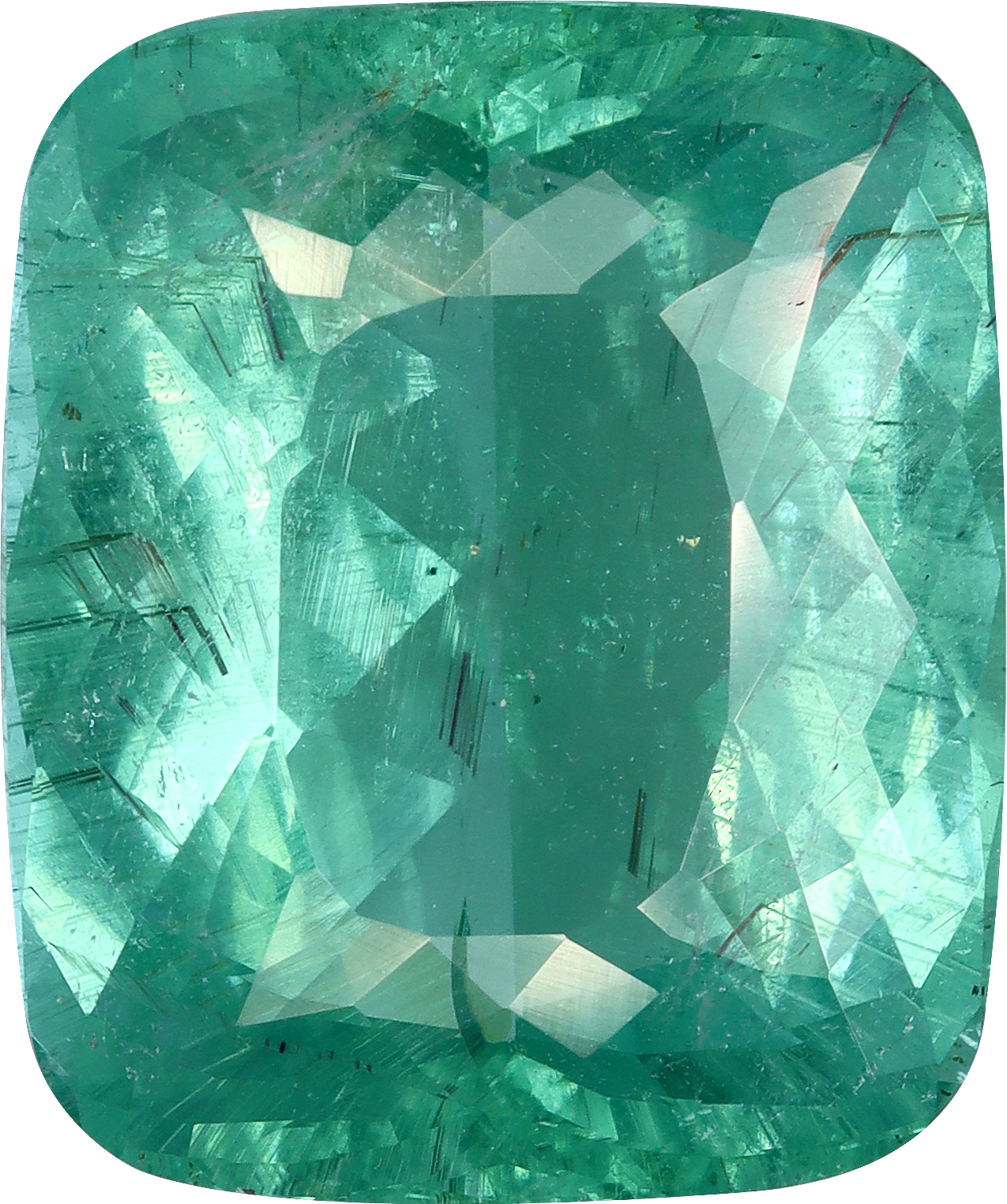 Cushion cut paraiba tourmaline, 19.43 by 16.17 mm, shown at actual size