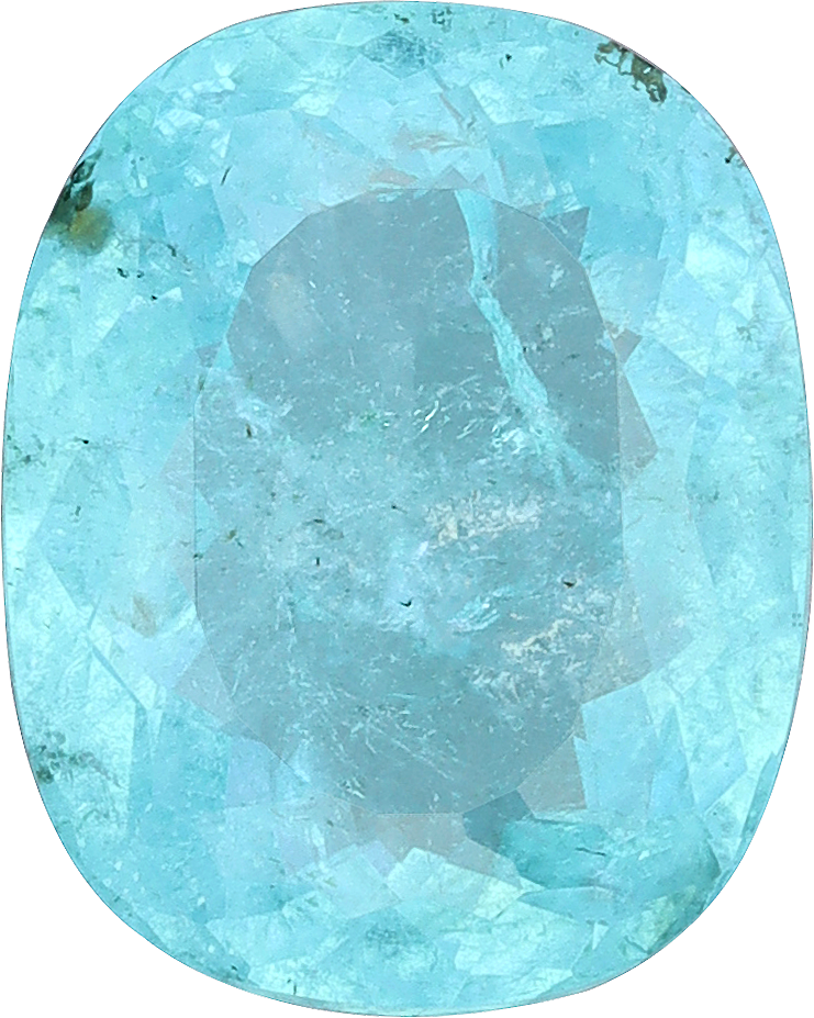 Cushion cut paraiba tourmaline, 9.37 by 7.49 mm, shown at actual size