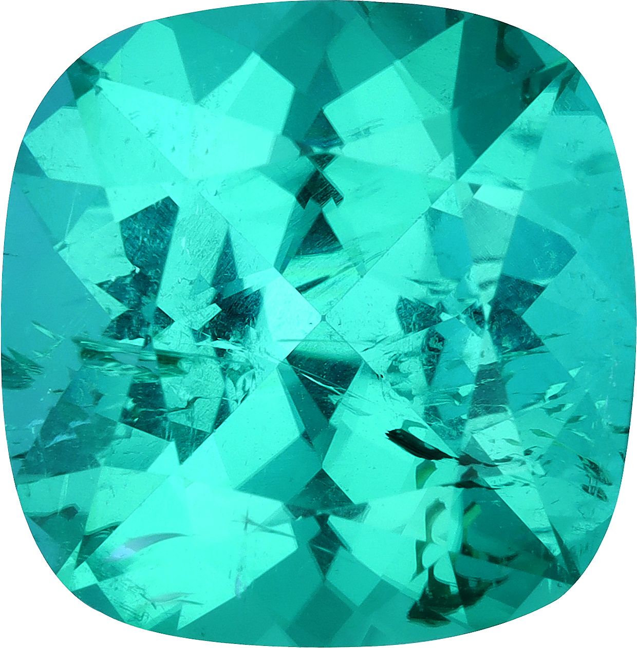 Cushion cut paraiba tourmaline, 13.83 by 13.56 mm, shown at actual size