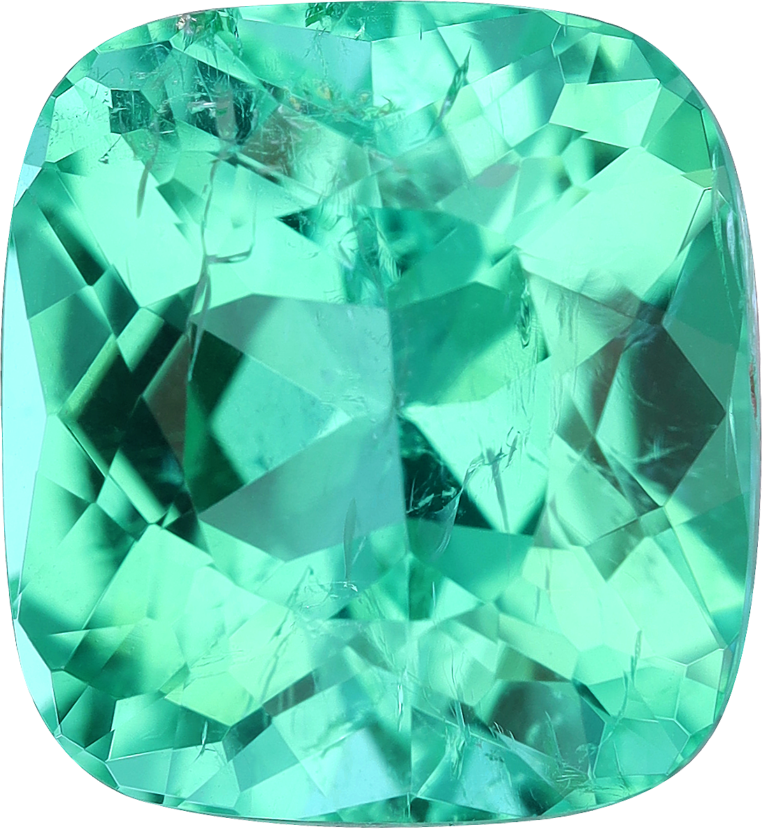 Cushion cut paraiba tourmaline, 10.54 by 9.53 mm, shown at actual size