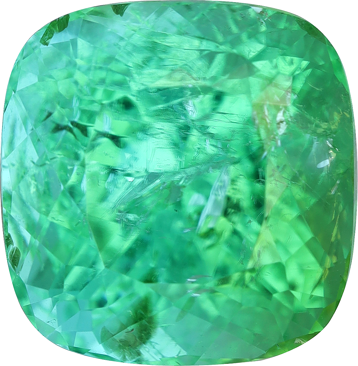 Cushion cut paraiba tourmaline, 10.34 by 10.03 mm, shown at actual size
