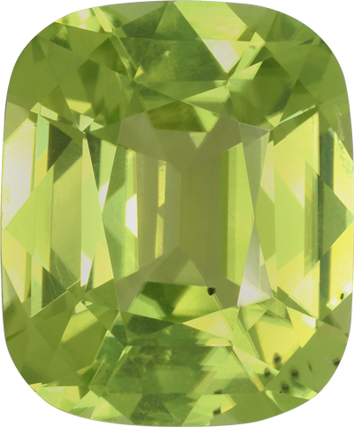 Cushion cut peridot, 11.1 by 9.2 mm, shown at actual size