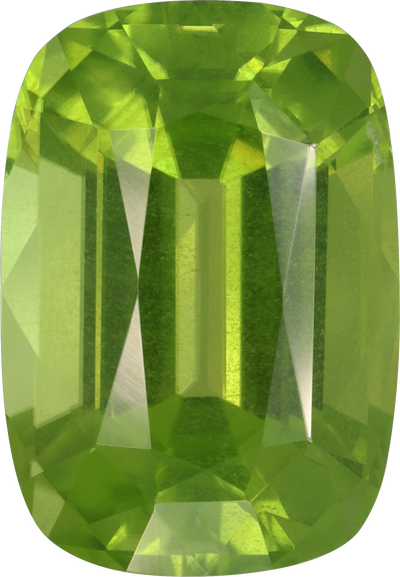 Cushion cut peridot, 14.1 by 9.8 mm, shown at actual size