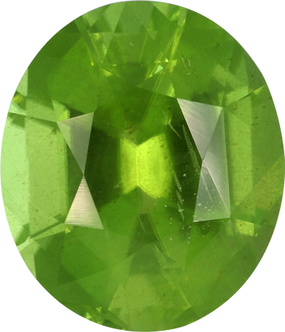 Oval cut peridot, 12.8 by 10.9 mm, shown at actual size