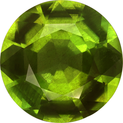 Round cut peridot, 16.1 by 16.1 mm, shown at actual size