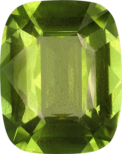 Cushion cut peridot, 15.32 by 12.13 mm, shown at actual size