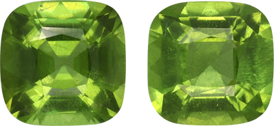 Cushion cut peridot, 11 by 11 mm, shown at actual size