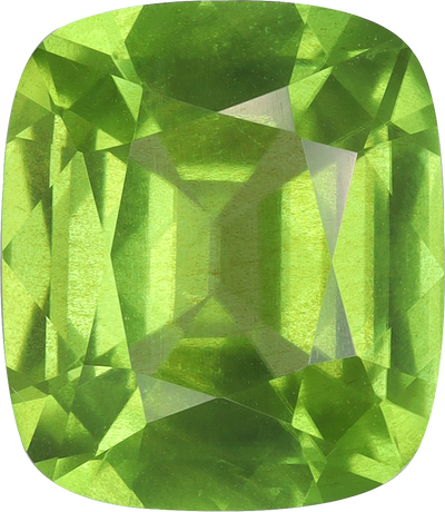 Cushion cut peridot, 11.81 by 10.26 mm, shown at actual size