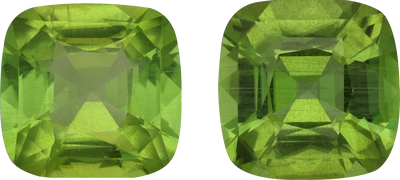 Cushion cut peridot, 11 by 11 mm, shown at actual size