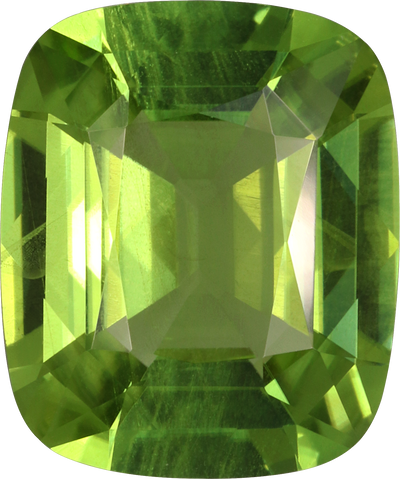 Cushion cut peridot, 12.1 by 10.1 mm, shown at actual size
