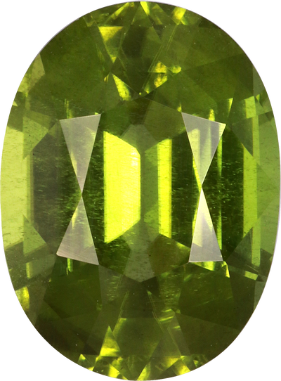 Oval cut peridot, 13.6 by 10.1 mm, shown at actual size