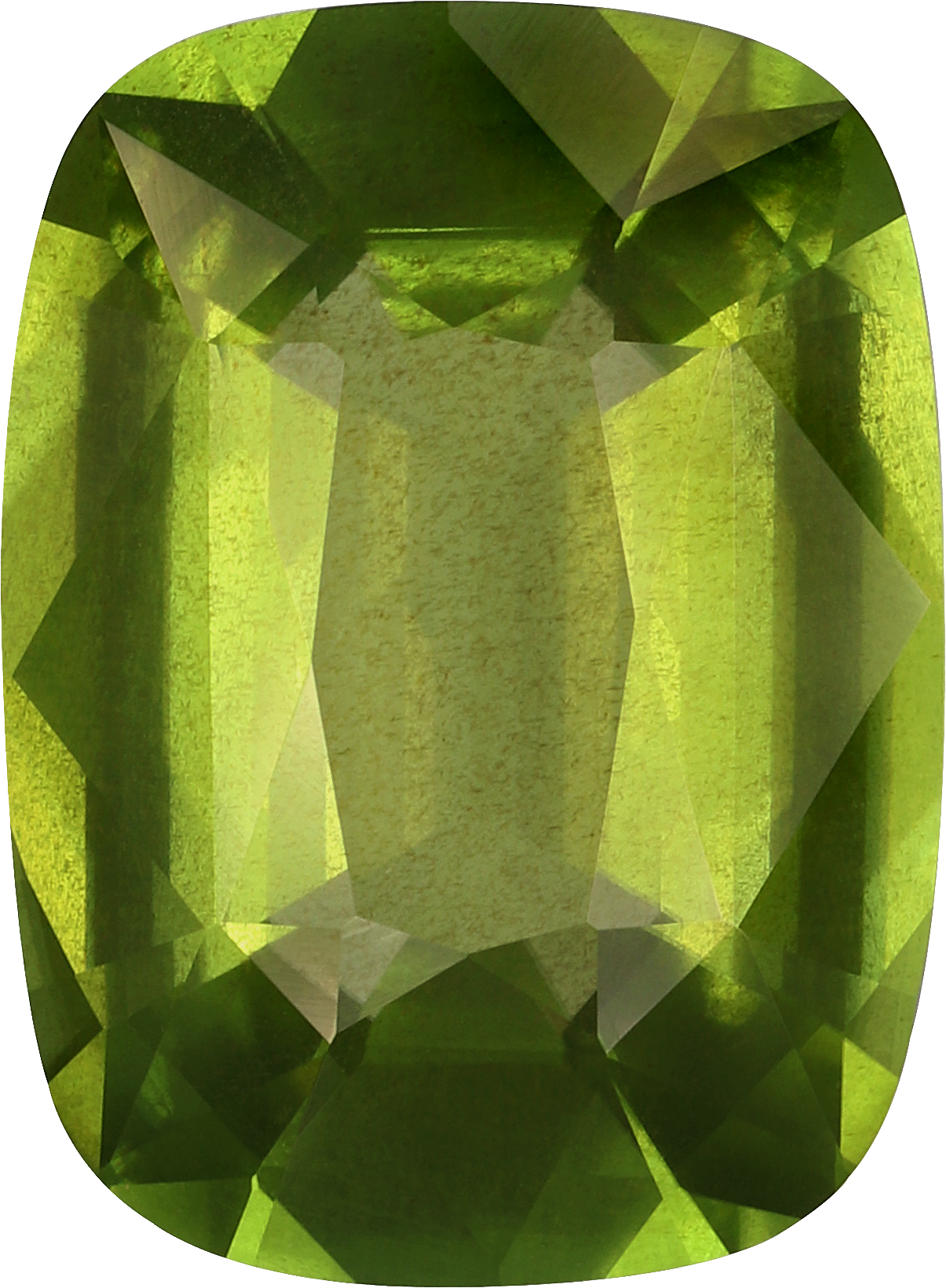Cushion cut peridot, 15.3 by 11.2 mm, shown at actual size