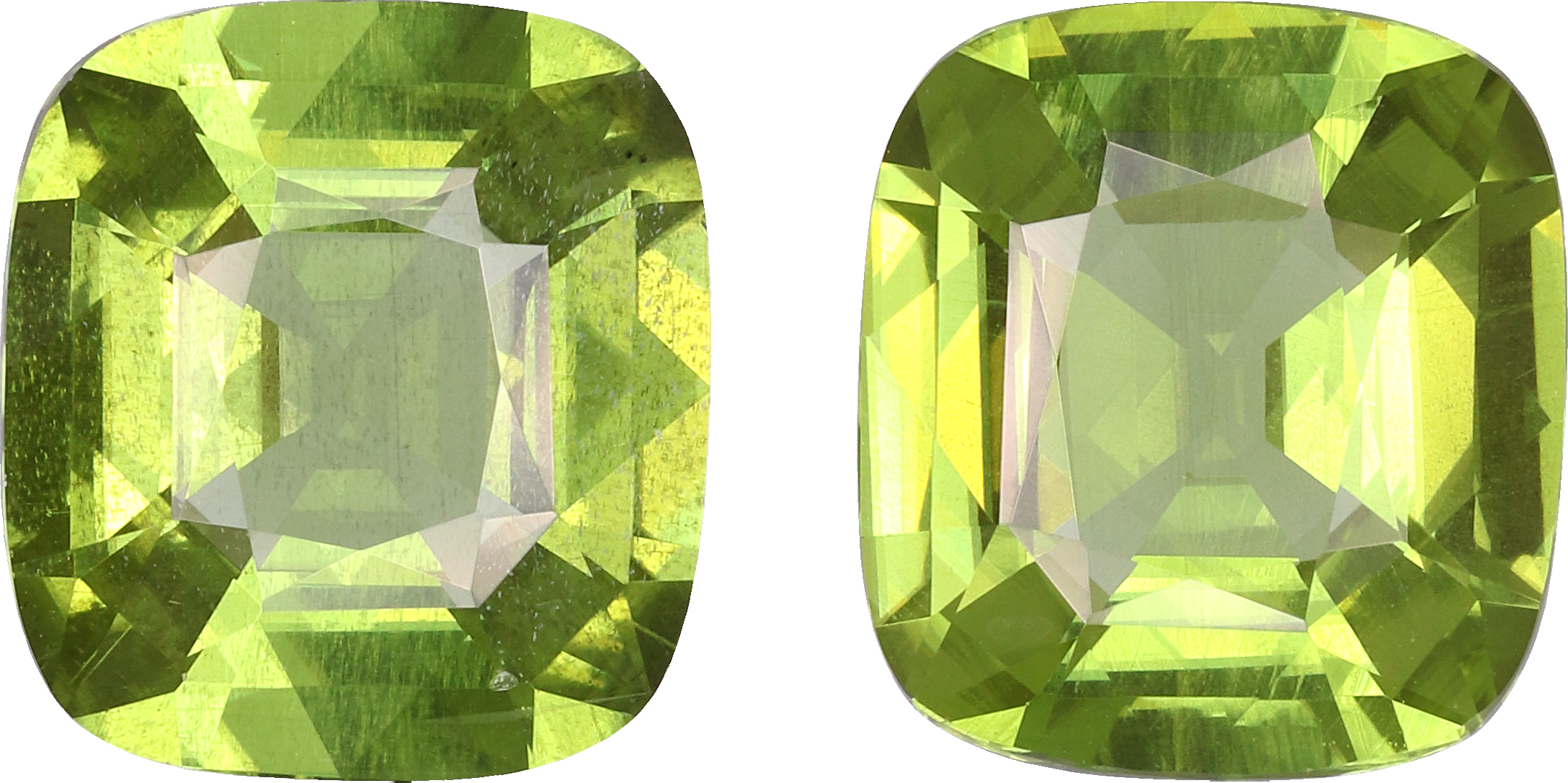 Cushion cut peridot, 10.7 by 9.7 mm, shown at actual size