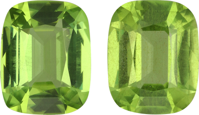 Cushion cut peridot, 11 by 8.8 mm, shown at actual size