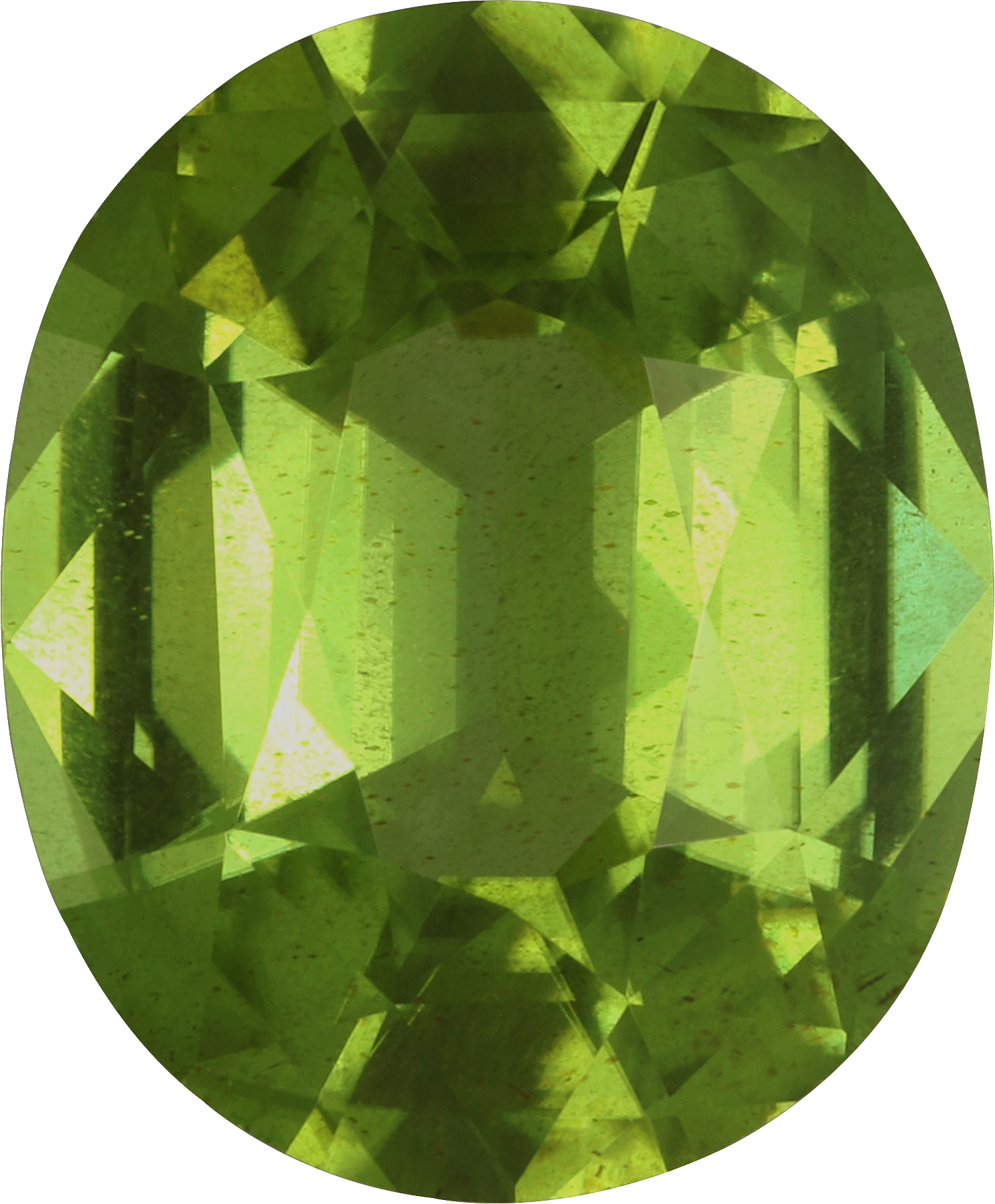 Oval cut peridot, 12 by 10 mm, shown at actual size