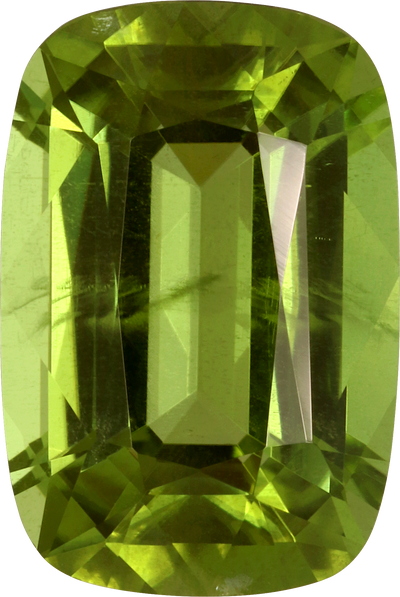 Cushion cut peridot, 12.6 by 8.5 mm, shown at actual size