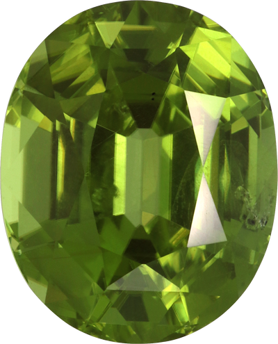 Oval cut peridot, 11 by 8.9 mm, shown at actual size