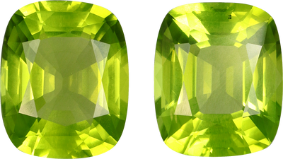 Cushion cut peridot, 10.8 by 9 mm, shown at actual size