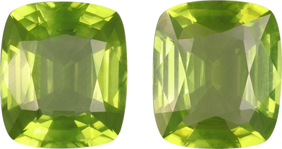 Cushion cut peridot, 10.4 by 8.9 mm, shown at actual size