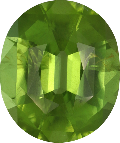 Oval cut peridot, 13.1 by 11 mm, shown at actual size