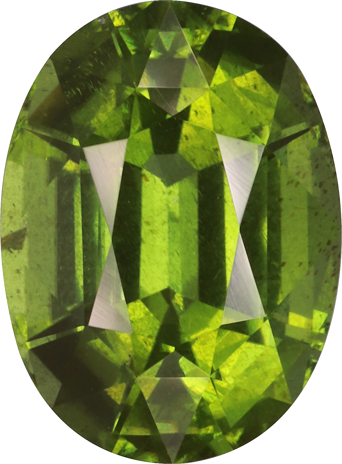 Oval cut peridot, 13.7 by 10.1 mm, shown at actual size