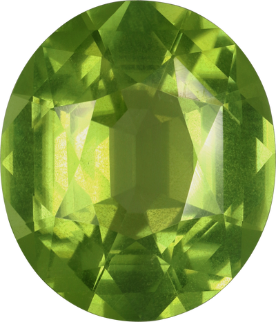 Oval cut peridot, 14 by 10.2 mm, shown at actual size