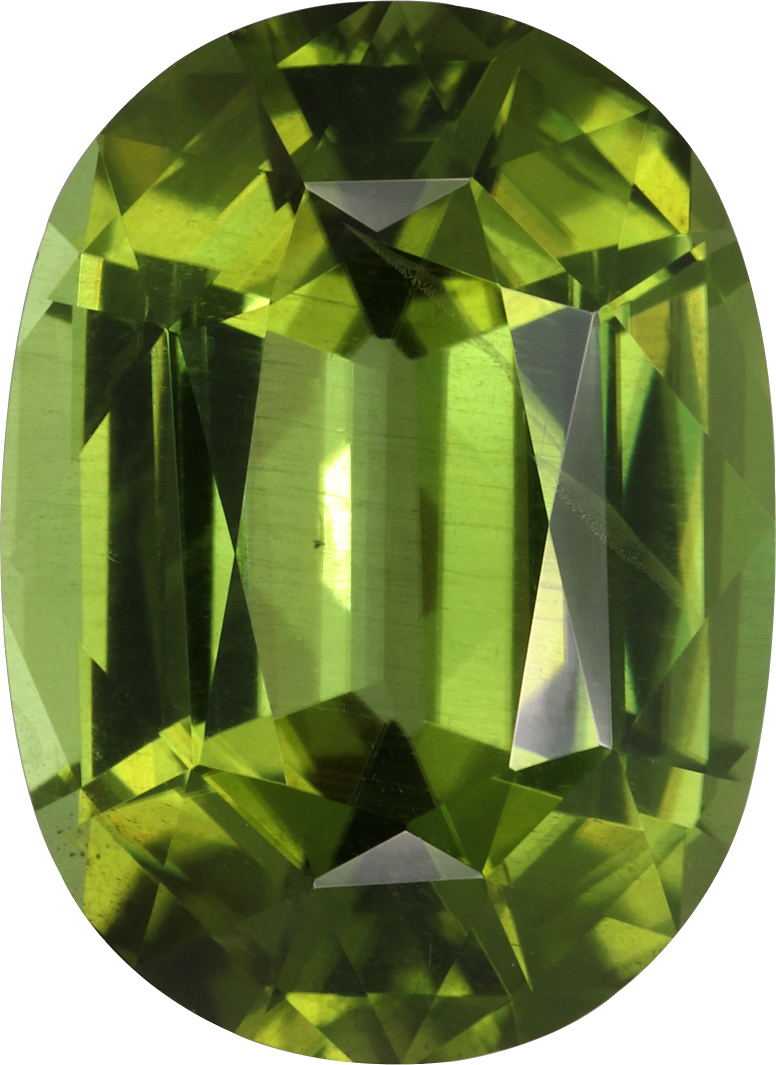 Oval cut peridot, 14 by 10.2 mm, shown at actual size