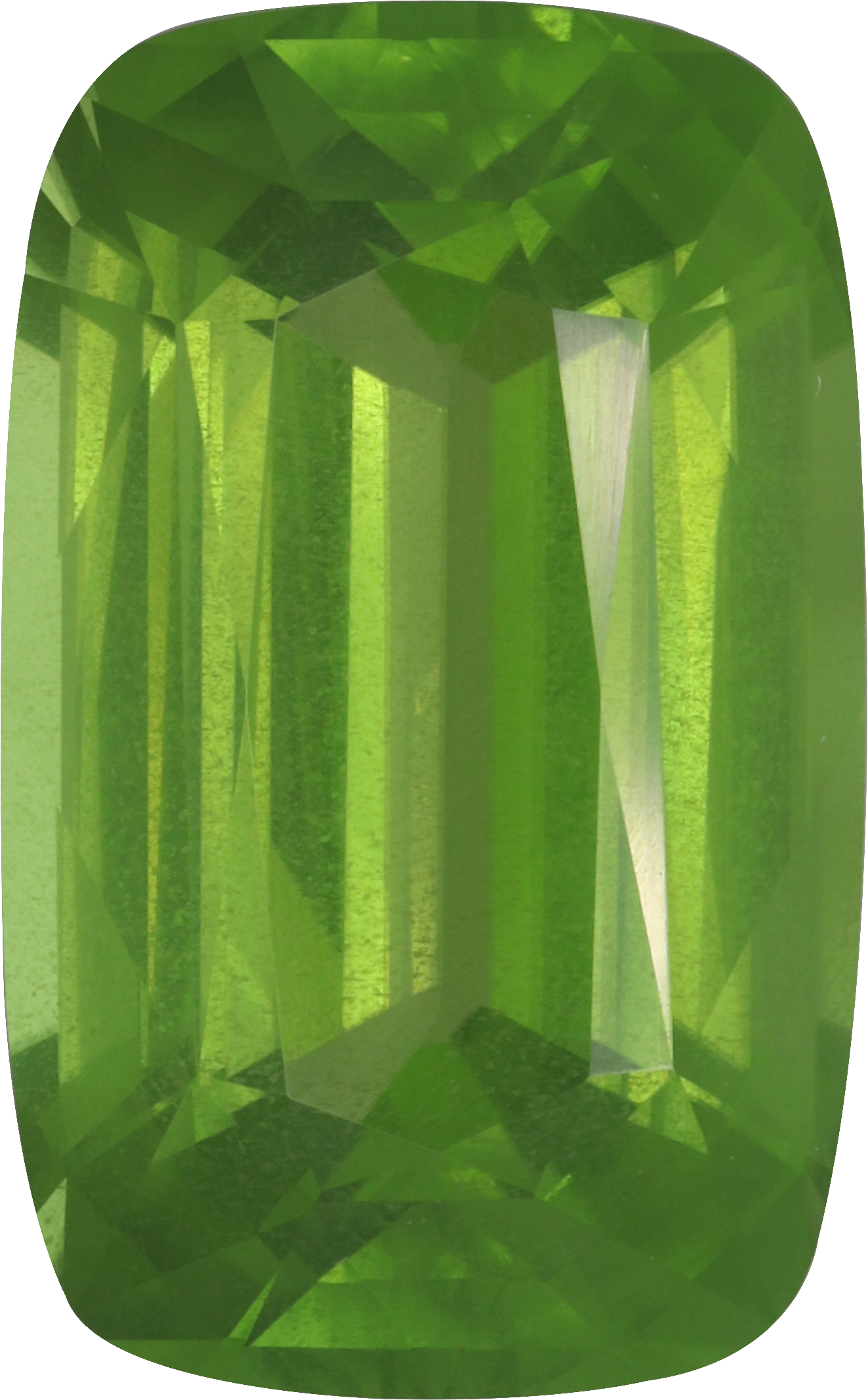 Cushion cut peridot, 18.5 by 11.4 mm, shown at actual size