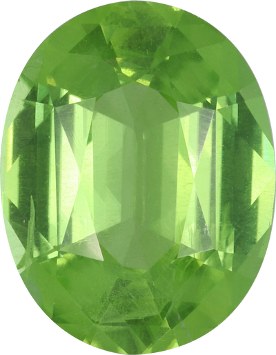 Oval cut peridot, 12 by 9.4 mm, shown at actual size