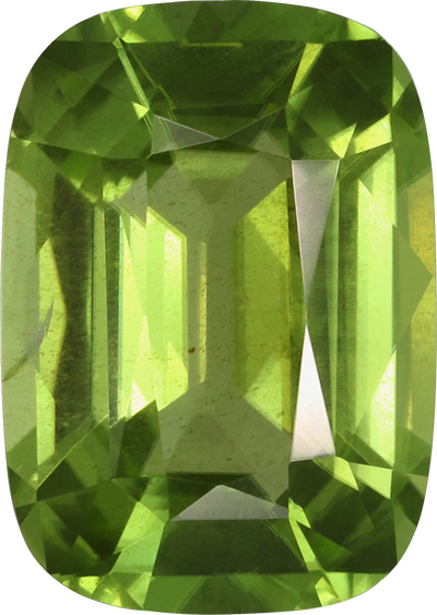 Cushion cut peridot, 11.7 by 8.3 mm, shown at actual size