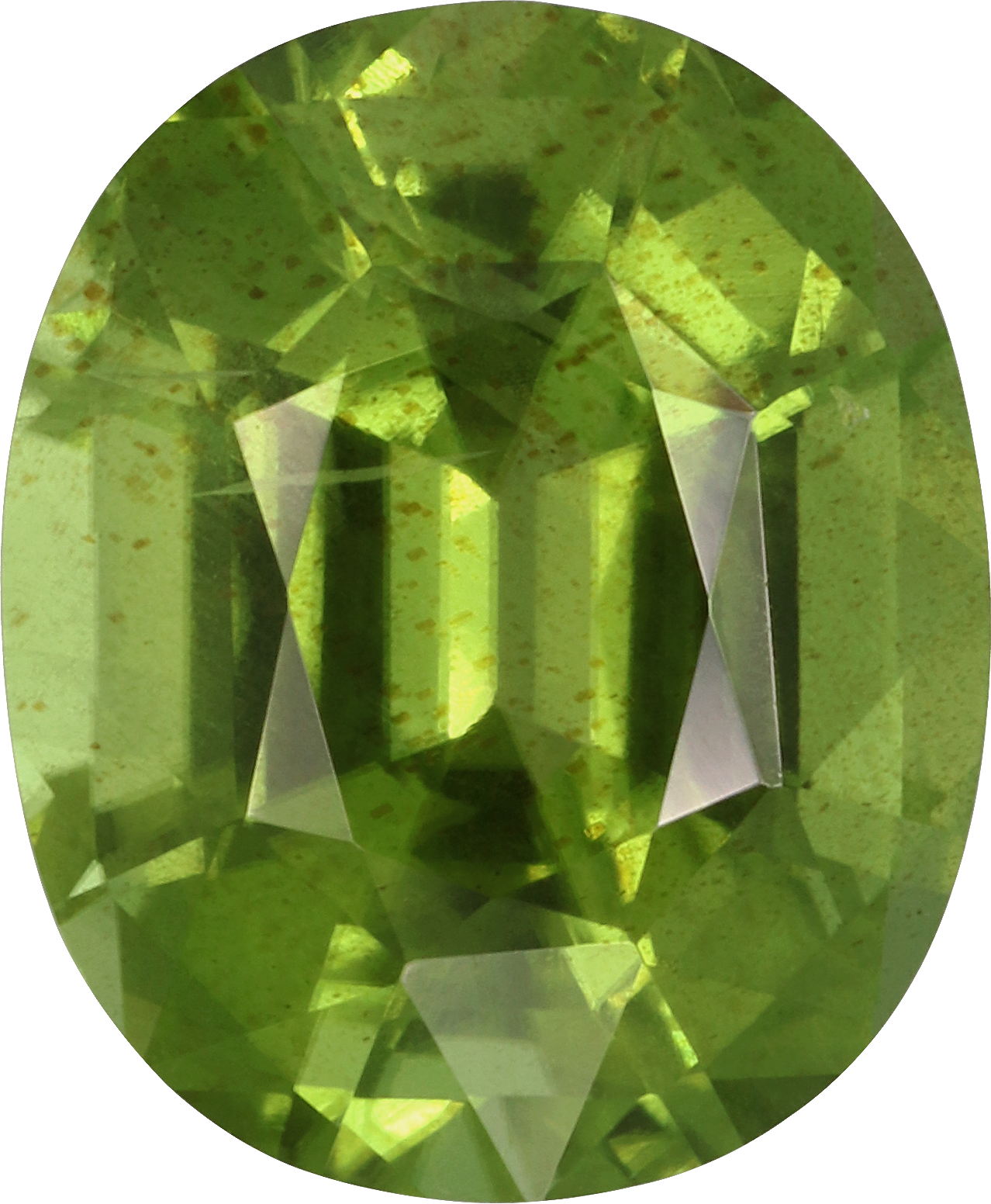 Oval cut peridot, 11 by 9.1 mm, shown at actual size